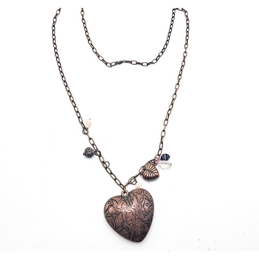 Puffy Heart Pendant Necklace Bronze Tone Charm Beads‎ Bohemian Fashion Jewelry
